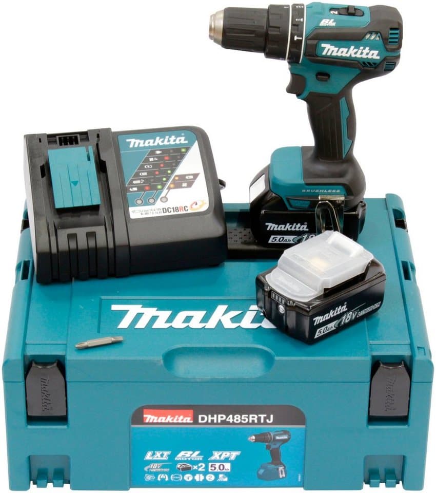 Makita Akku-Schlagbohrschrauber DHP485RTJ, 2 Akkus 18 V/5 Ah, max. 1900 U/min